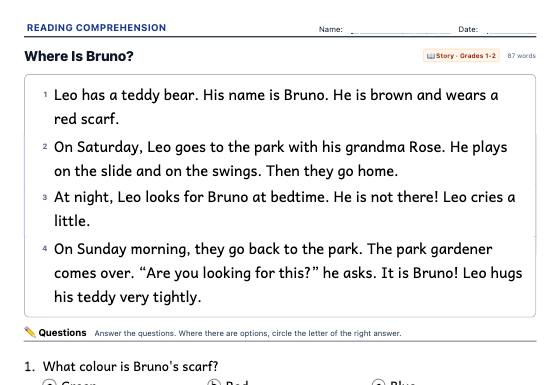 Sample worksheet: Reading Comprehension