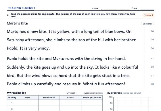 Sample worksheet: Reading Fluency