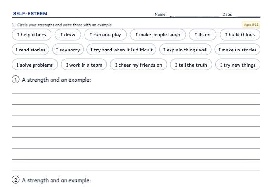 Sample worksheet: Self-Esteem and Strengths
