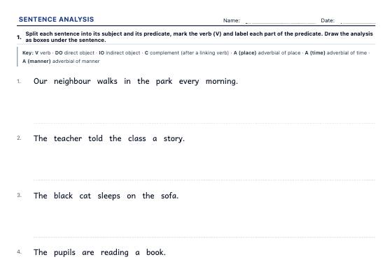 Sample worksheet: Sentence Analysis