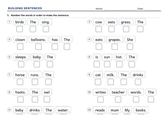 Sample worksheet: Sentence Building