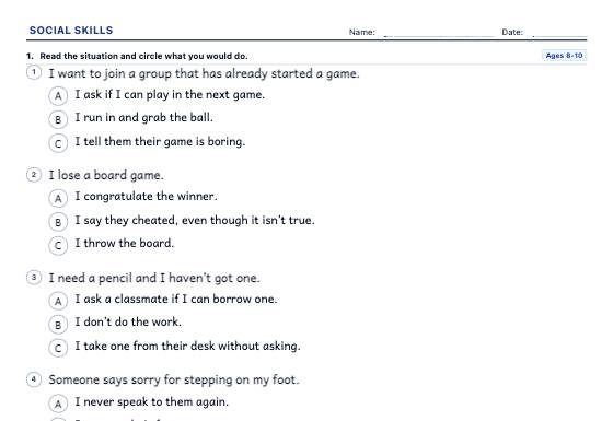 Sample worksheet: Social Skills