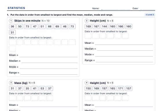 Sample worksheet: Mean, Median and Mode