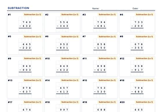 Sample worksheet: Column Subtraction