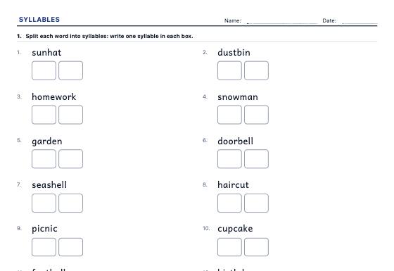 Sample worksheet: Syllable