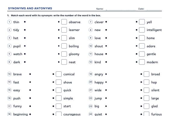 Sample worksheet: Synonyms and Antonyms