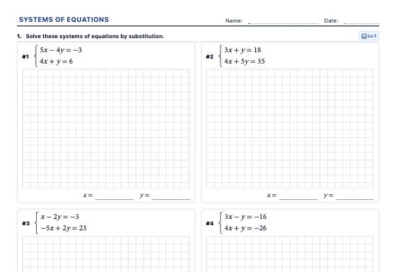 Sample worksheet: Systems of Equations