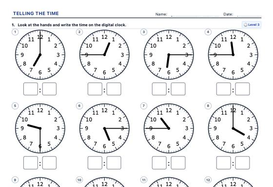 Sample worksheet: Telling Time