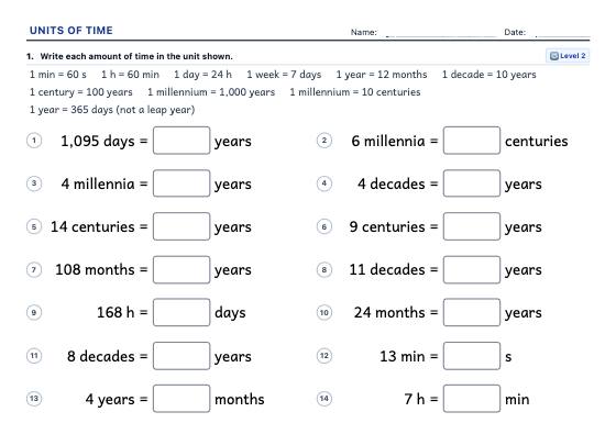 Sample worksheet: Time Units Conversion