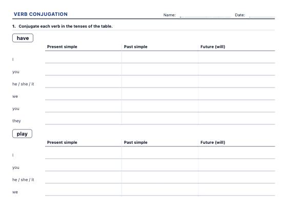 Sample worksheet: Verb Conjugation