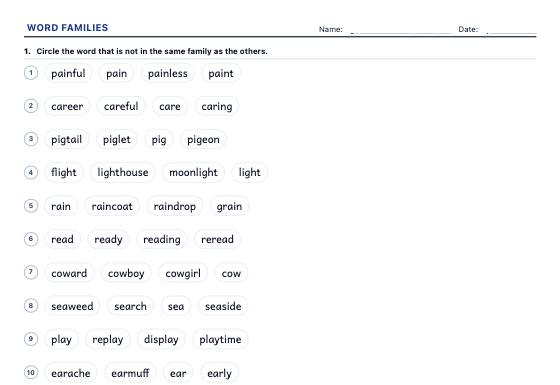 Sample worksheet: Word Families, Prefixes and Suffixes
