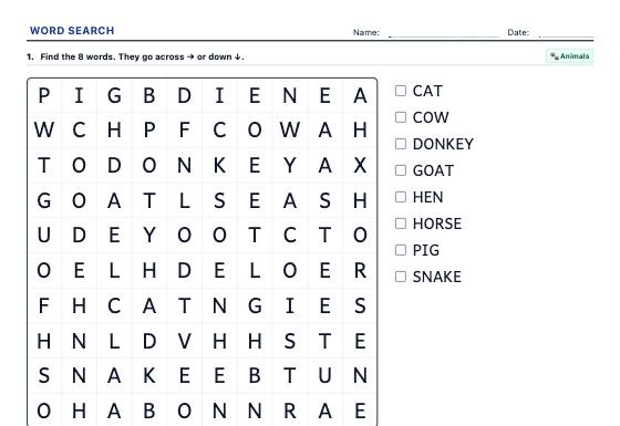 Sample worksheet: Word Search