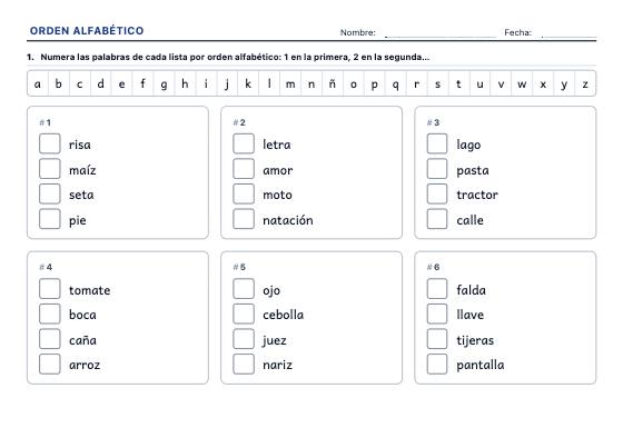 Ficha de ejemplo: Orden Alfabético