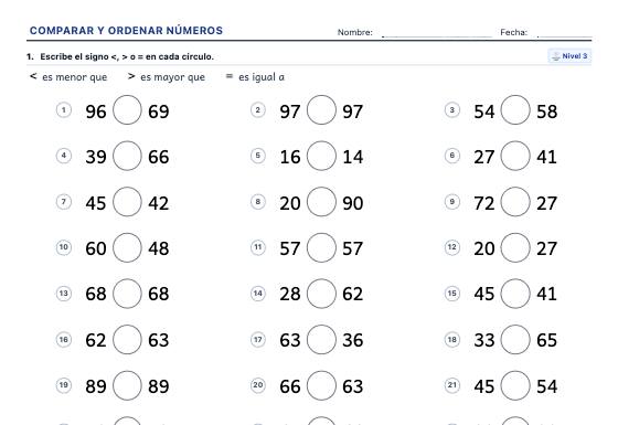 Ficha de ejemplo: Para Comparar y Ordenar Números