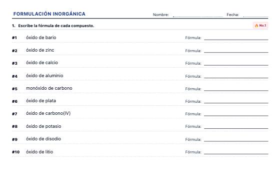 Ficha de ejemplo: Formulación Inorgánica