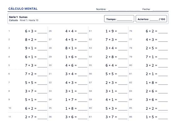 Ficha de ejemplo: Cálculo Mental