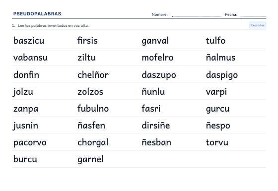 Ficha de ejemplo: Lectura de Pseudopalabras
