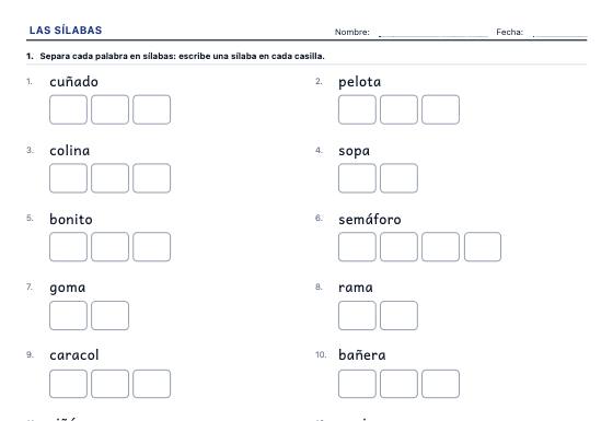 Ficha de ejemplo: División Silábica