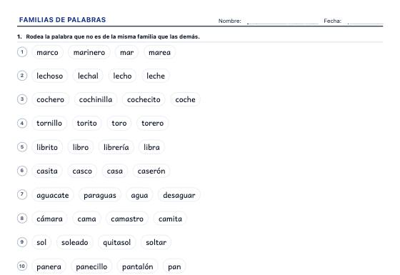 Ficha de ejemplo: Familias de Palabras, Prefijos y Sufijos